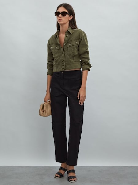 Paige Cropped Denim Jacket in Military Green (N74194) | CHF 420