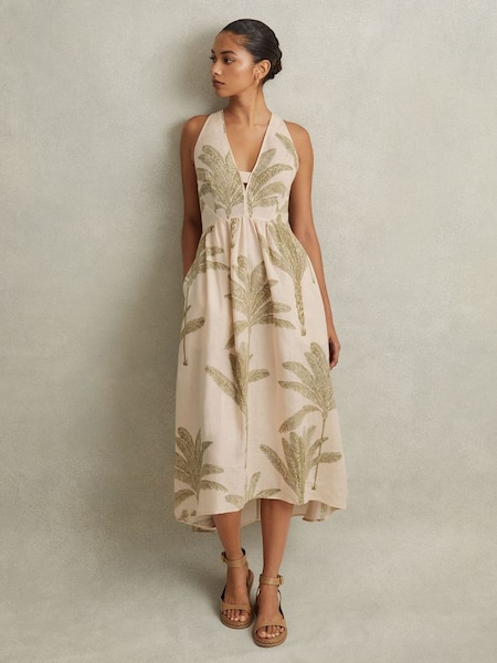 Linnen midi-jurk met tropische print in naturel/groen (N74210) | € 225