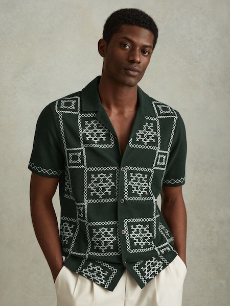 Textured Embroidered Cuban Collar Shirt in Green/Ecru (N74256) | $240