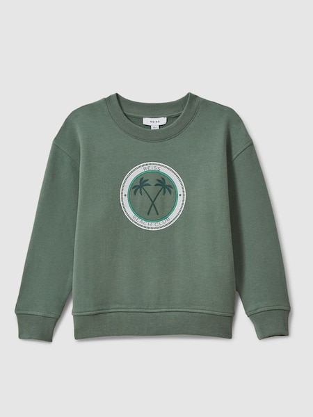 Teen Cotton Motif Crew Neck Sweatshirt in Dark Sage (N74283) | $65
