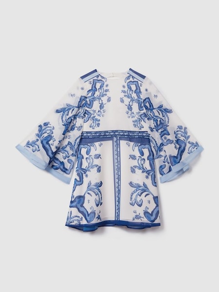 Teen Tile Print Flare Sleeve Dress in Blue Print (N74359) | €120