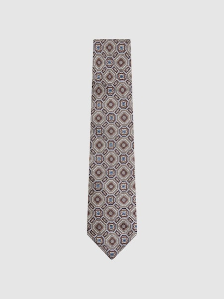 Silk Medallion Print Tie in Grey Multi (N74364) | $135