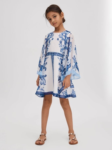 Junior Tile Print Flare Sleeve Dress in Blue Print (N74434) | €95