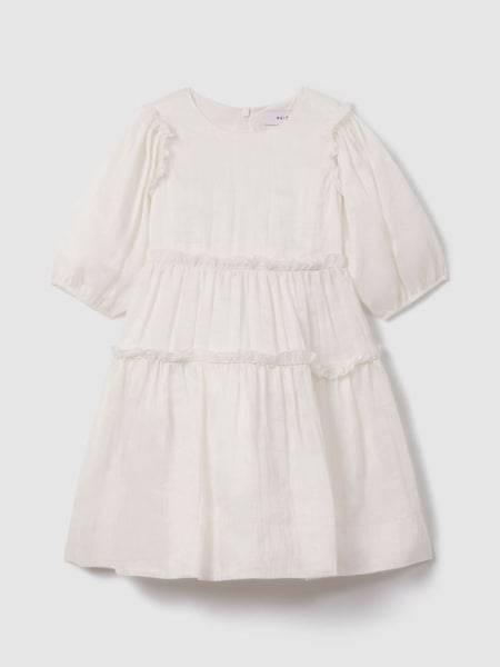 Teen Tiered Linen Blend Puff Sleeve Dress in Ivory (N74804) | SAR 510