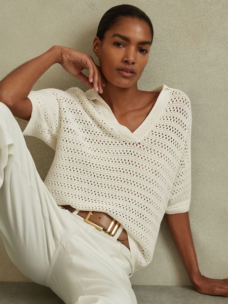Knitted Open-Collar Polo Shirt in Ivory (N74841) | $240