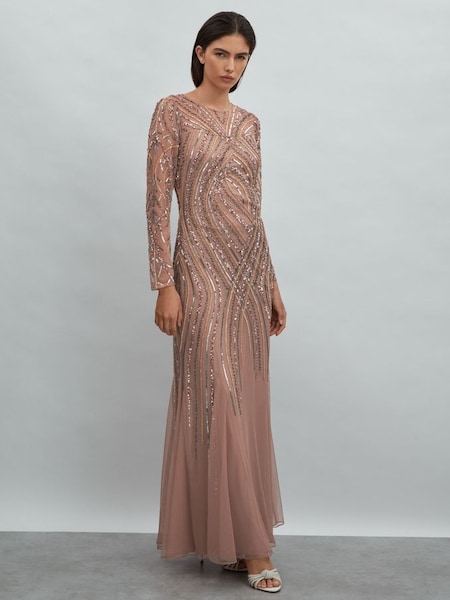 Raishma - Lange versierde tule jurk in champagneglazen (N76635) | € 695