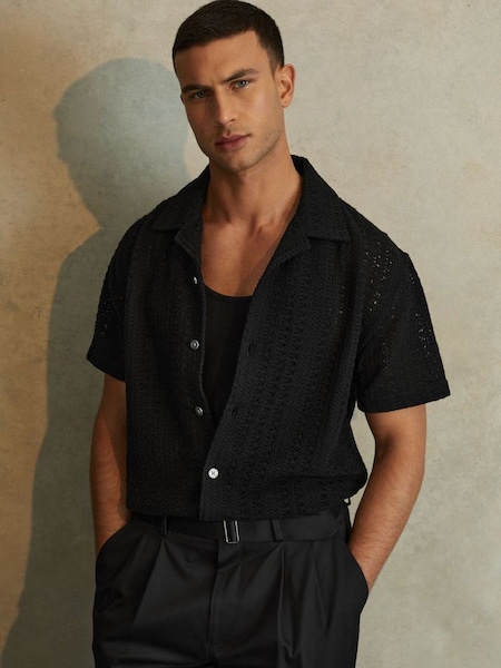 Cotton Crochet Cuban Collar Shirt in Black (N76812) | $190