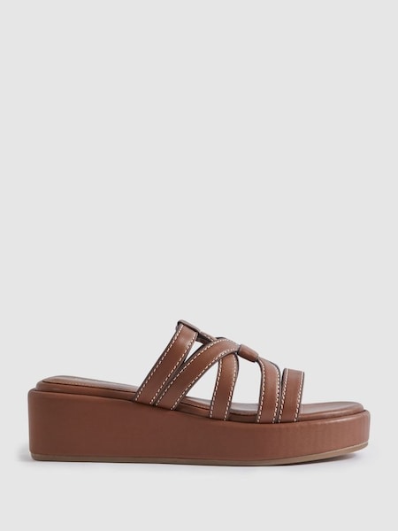 Leather Strappy Platform Sandals in Tan (N95993) | HK$2,380