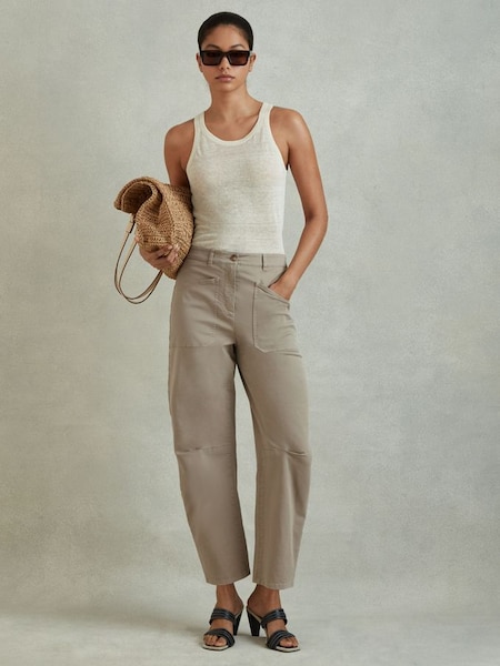 Cotton Blend Barrel Leg Trousers in Olive (N97229) | CHF 200