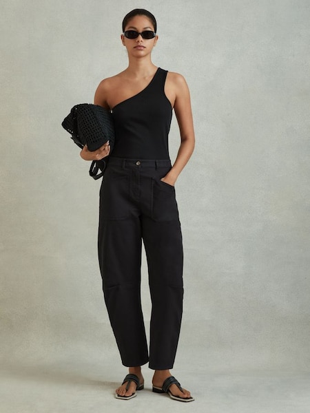 Cotton Blend Barrel Leg Trousers in Washed Black (N97262) | CHF 200