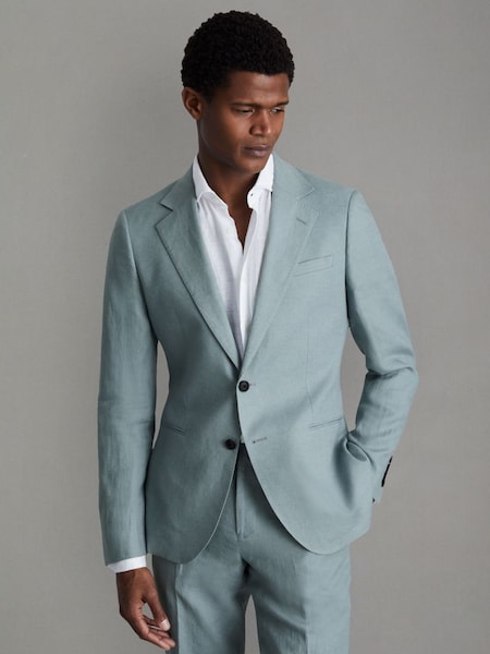 Slim-fit linnen blazer met enkele rij knopen in aquablauw (N99079) | € 425