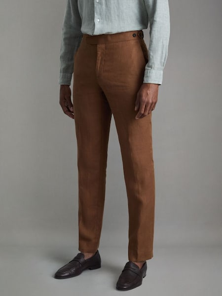 Slim Fit Linen Adjuster Trousers in Tobacco Brown (N99121) | € 195
