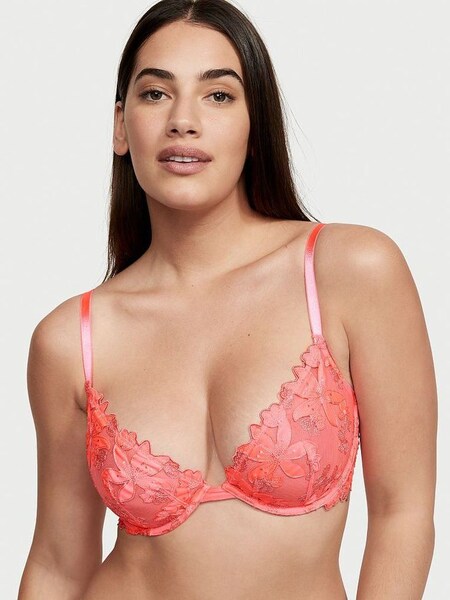 Coral Blossom Pink Floral Embroidered Lace Unlined Demi Bra (P51818) | €22.50
