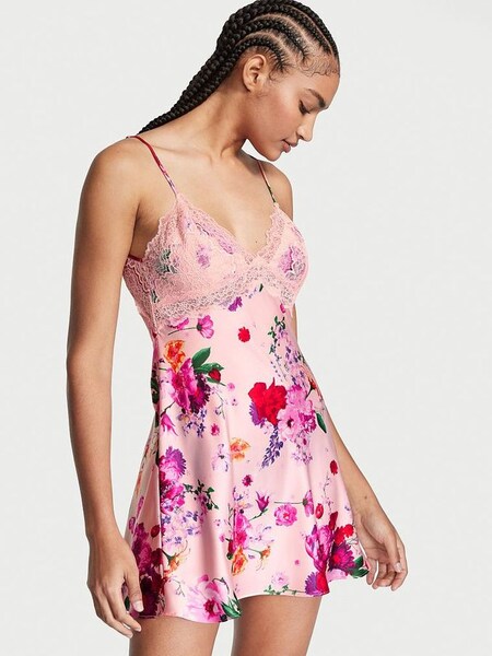 Purest Pink Midnight Blossom Lace Plunge Open  Back Slip Dress (P69513) | €33