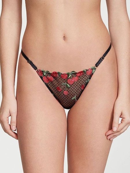 Cherry Black Thong Embroidered Knickers (P95650) | €29