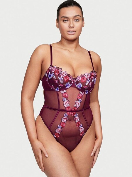 Burgundy Purple Embroidered Unlined Balcony Bodysuit (P95805) | €29