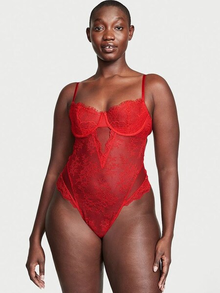 Lipstick Red Lace Unlined Balcony Bodysuit (Q07330) | €33