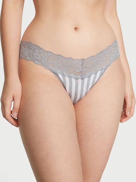 Grey White Stripe Lace Waist Thong Knickers (Q11188) | €10.50