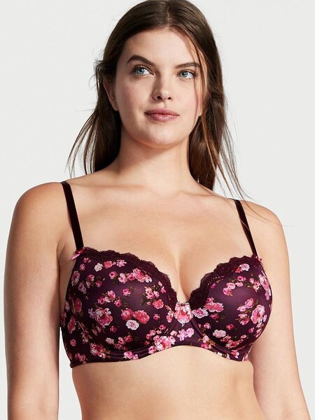 Peony Print Burgundy Purple Smooth Lace Wing Lightly Lined Demi Bra (Q15079) | €17