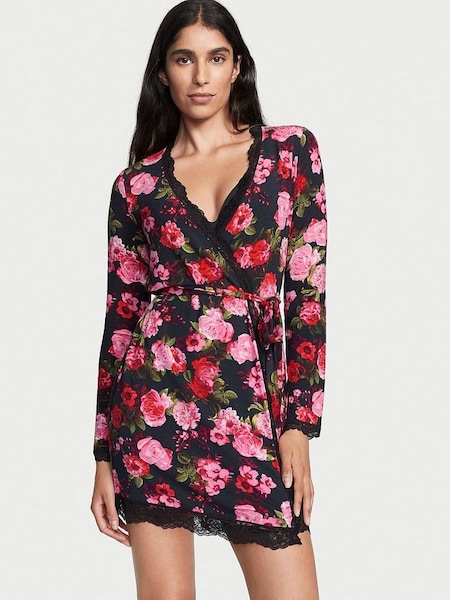 Pretty Rosey Floral Black Modal Lace Trim Robe (Q23717) | €22