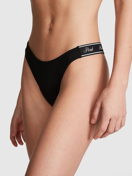 Pure Black Cotton Logo Scoop Thong Knickers (Q35610) | €10.50