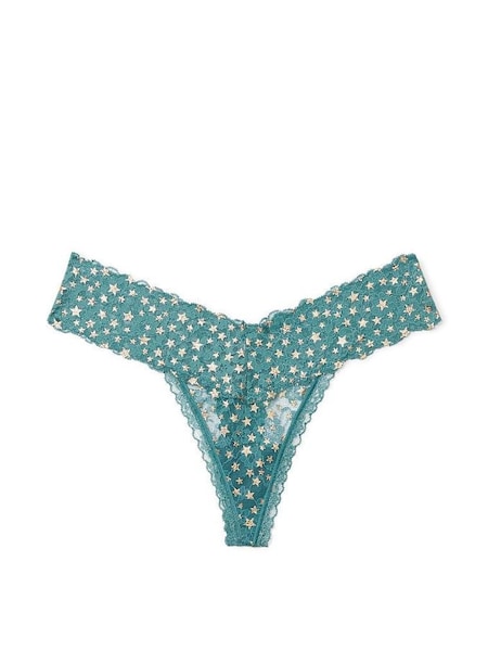 French Sage Green Twinkling Stars Foil Print Thong Lace Knickers (Q41515) | €10.50