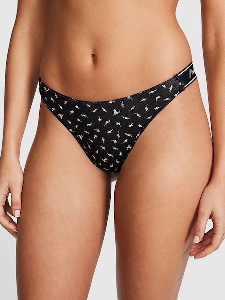 Pure Black Ditsy Floral Cotton Logo Scoop Thong Knickers (Q57386) | €10.50
