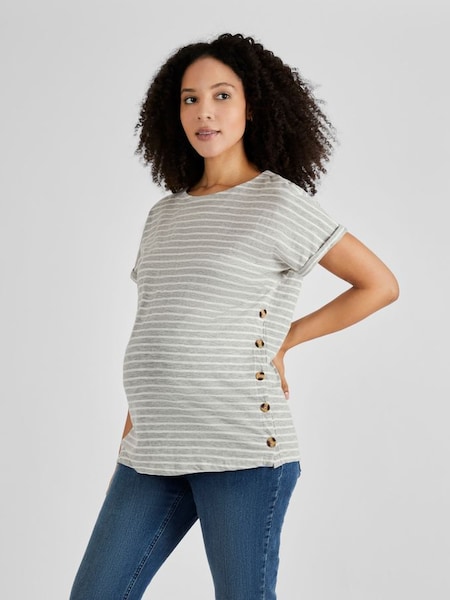 Grey & Ecru Cream Stripe Drop Shoulder Maternity & Nursing T-Shirt (Q63586) | €34