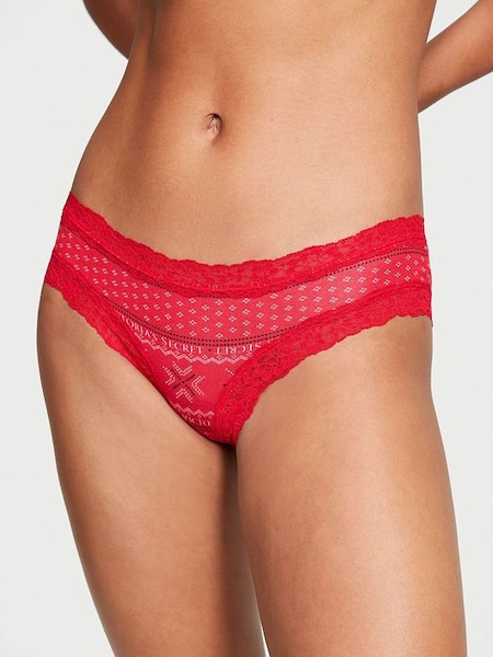 Lipstick Red Fair Isle Posey Lace Trim Cotton Cheeky Knickers (Q66638) | €4.50
