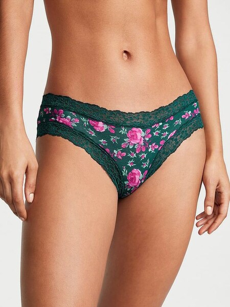 Black Ivy Green Moody Roses Posey Lace Trim Cotton Cheeky Knickers (Q66703) | €10.50