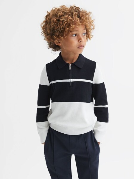 Teen Slim Fit Half-Zip Long Sleeve Polo Shirt in Navy/White (Q69181) | €65