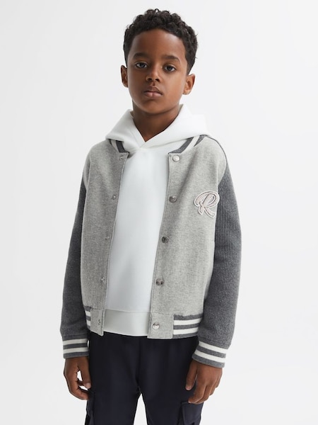 Cotton Blend Varsity Bomber Jacket in Soft Grey (Q69206) | €90