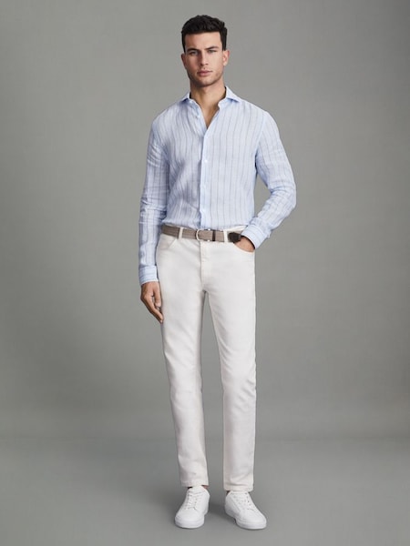 Linen Button-Through Shirt in Soft Blue Pin Stripe (Q69278) | $225