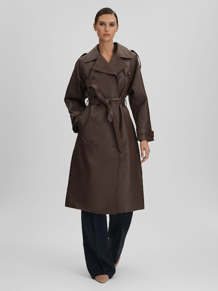 Meotine Leather Mid Length Trenchcoat in Dark Brown (Q71085) | HK$15,010