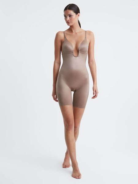 Spanx Shapewear Firming Plunge Low-Back Mid-Thigh Bodysuit in Cafe Au Lait (Q71764) | $215