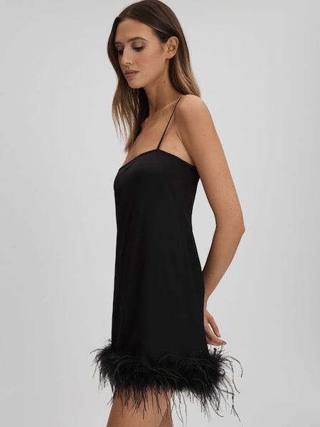 Maison Essentiele Silk Feather Trim Nightdress in Black (Q74705) | SAR 842