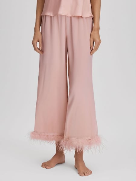 Maison Essentiele Silk Feather Trim Pyjama Bottoms in Blush (Q74724) | $466