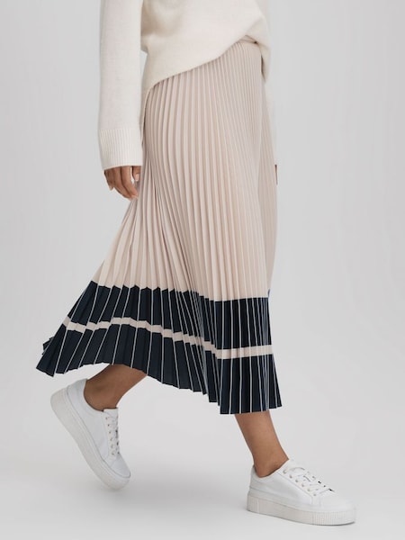 High Rise Pleated Midi Skirt in Nude/Navy (Q76199) | $325