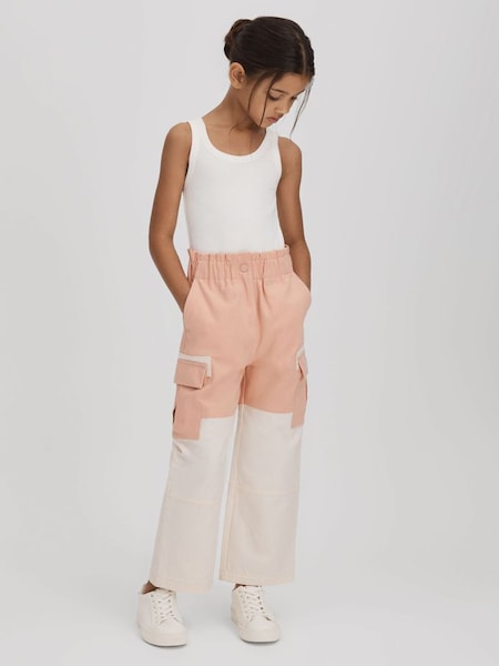 高級拼色鬆緊工作牛仔褲（粉色） (Q77739) | HK$680