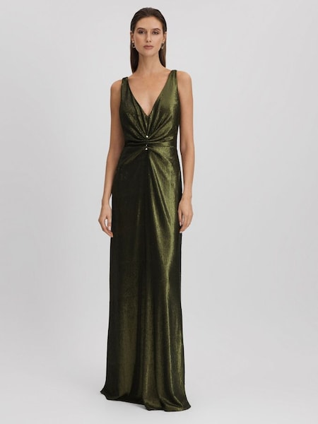 Halston Sequin Ruche Maxi Dress in Seaweed (Q77765) | $1,240