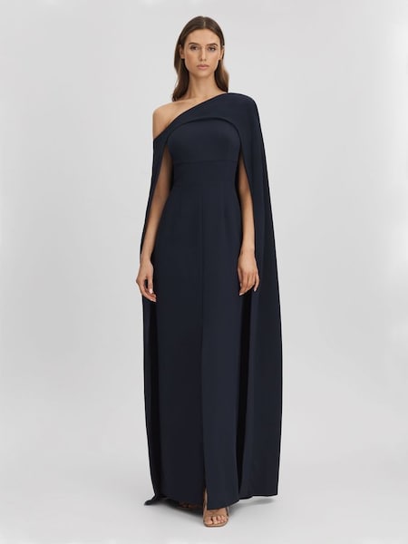Halston - Marineblauwe lange jurk met blote schouder en cape (Q77787) | € 795