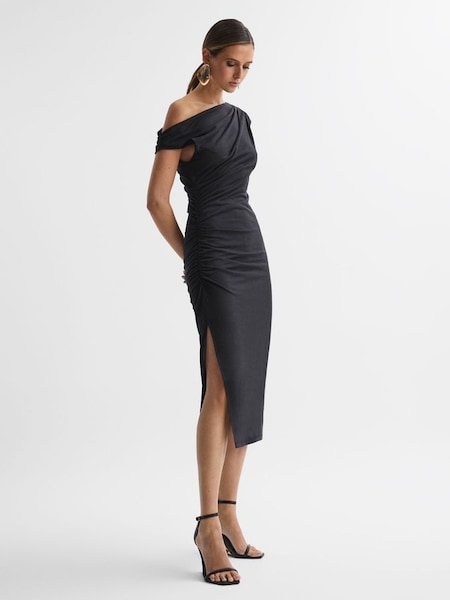 Bodycon Ruched Midi Dress in Charcoal (Q79050) | $210