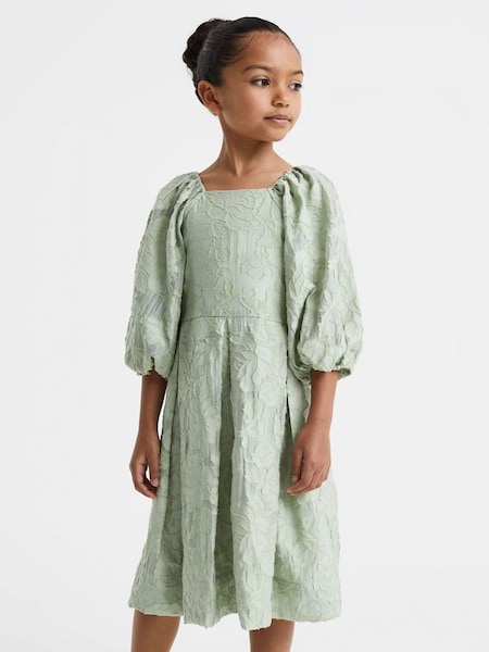 草綠色高級緹花泡泡袖洋裝 (Q79058) | HK$1,400