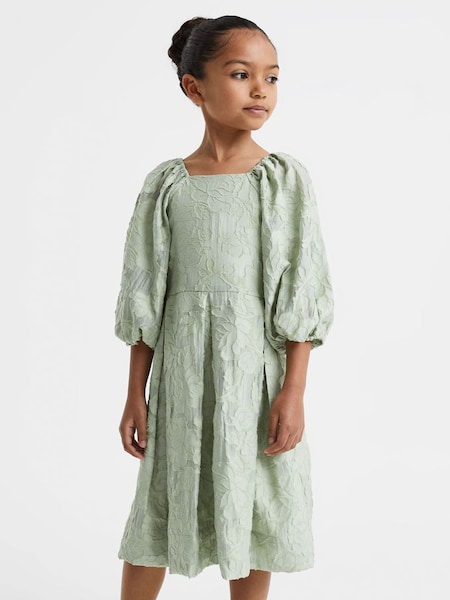 Senior Jacquard Puff Sleeve Dress in Sage (Q79058) | €135