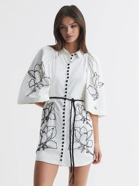 Joslin Beaded Cotton Shirt Mini Dress in White/Black (Q79924) | $745