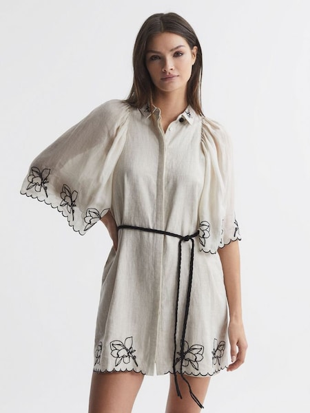 Joslin Embroidered Linen Shirt Mini Dress in Flax Black (Q79953) | €520