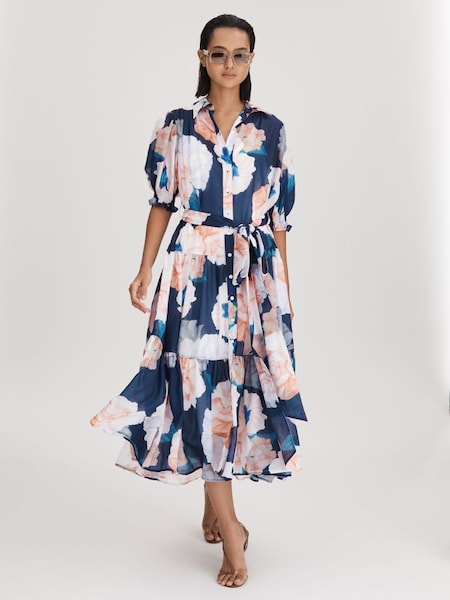 Leo Lin marineblauwe midi-jurk met bishopmouwen en Rosebud-print (Q79968) | € 845