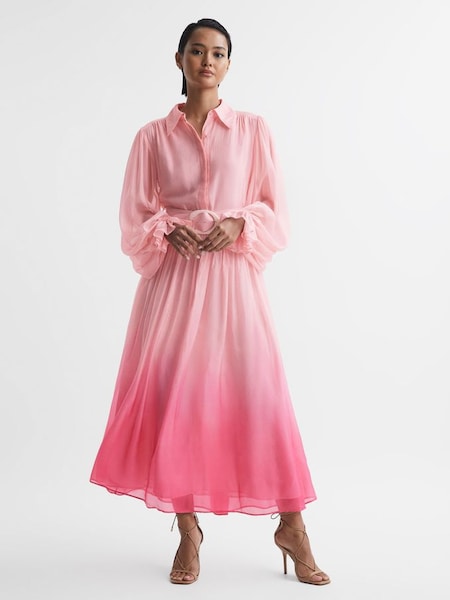 Leo Lin Rayon Silk Tie Neck Midi Dress in Ombre Pink (Q79999) | $1,680