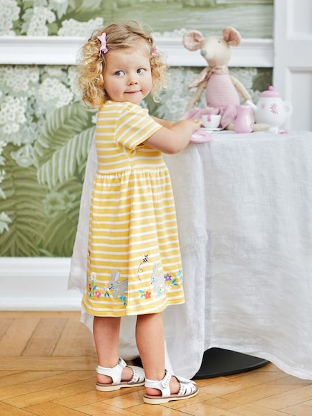 Yellow Bunny Stripe Appliqué Button Front Jersey Dress (Q80700) | $39