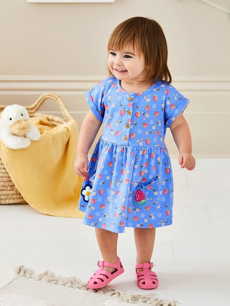 Blue Strawberry & Bee Button Front Pet In Pocket Jersey Dress (Q80718) | €30